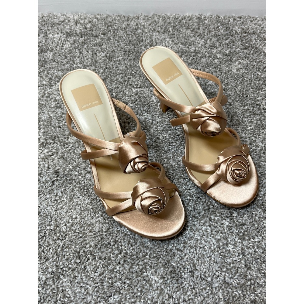 Dolce Vita Rosette Kitten Heel Sandals Champagne Gold Satin Strappy Slides  7